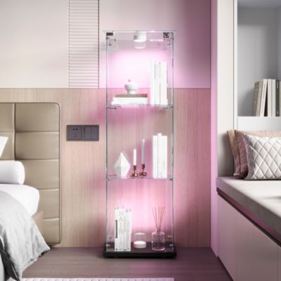 Vitrine sur Pied en Verre, Collection, 3 Couches, 1 Porte, Lampe Tactile, 39.8x35x123 cm, Salon, Chambre, Bureau, Noir