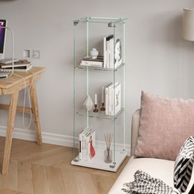 Vitrine sur Pied en Verre, Collection, 3 Couches, 1 Porte, LED, 39.8x35x123 cm, Salon, Chambre, Bureau, Blanc
