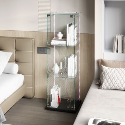 Vitrine sur Pied en Verre, Collection, 3 Couches, 1 Porte, LED, 39.8x35x123 cm, Salon, Chambre, Bureau, Noir
