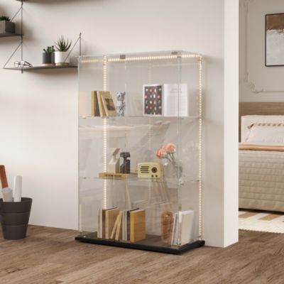 Vitrine sur Pied en Verre, Collection, 3 Couches, 2 Portes, LED, 78.5x36x123 cm, Salon, Chambre, Bureau, Noir