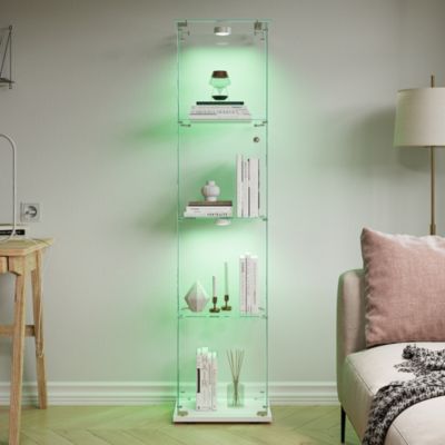 Vitrine sur Pied en Verre, Collection, 4 Couches, 1 Porte, Lampe Tactile, 39.8x35x163 cm, Salon, Chambre, Bureau, Blanc