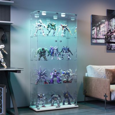 Vitrine sur Pied en Verre, Collection, 4 Couches, 2 Portes, Lampe Tactile, 78.5x35x163 cm, Salon, Chambre, Bureau, Blanc
