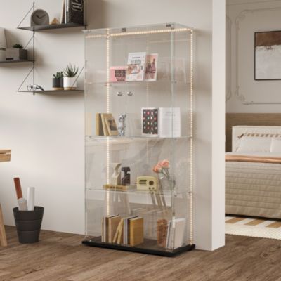 Vitrine sur Pied en Verre, Collection, 4 Couches, 2 Portes, LED, 78.5x35x163 cm, Salon, Chambre, Bureau, Noir
