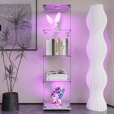 Vitrine sur pied en verre, LED, 4 couches, 1 porte, 42x36x164cm, pour salon, chambre à coucher, bureau, Blanc