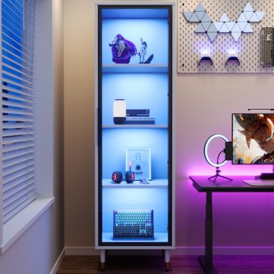 Vitrine vitrée de 170 cm de haut - Éclairage LED - 1 porte vitrée - 4 pieds - MDF+panneaux de particules - Blanc