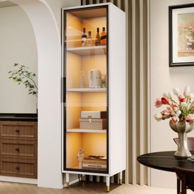 Vitrine vitrée de 170 cm de haut - Éclairage LED - 1 porte vitrée - 4 pieds - MDF+panneaux de particules - Blanc