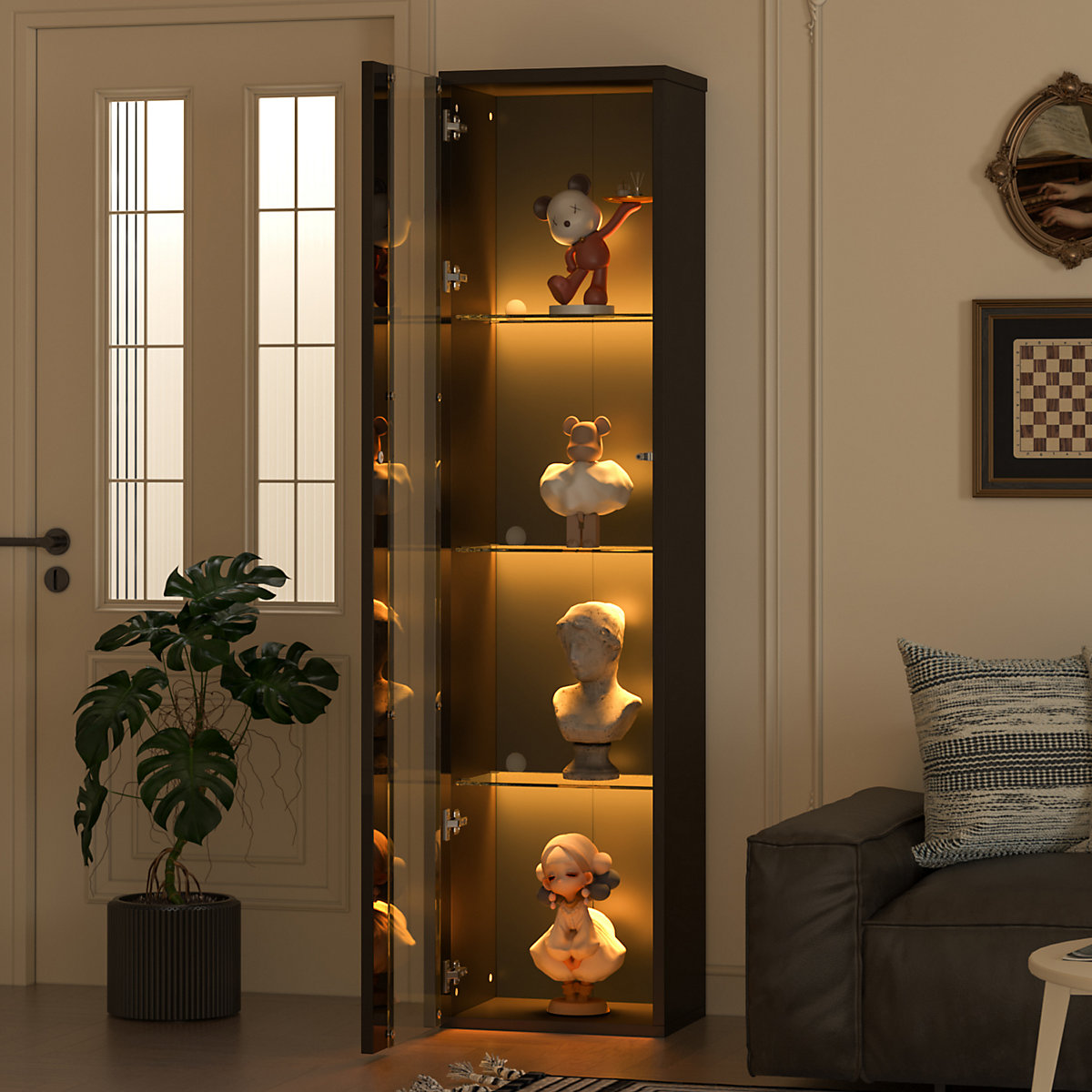 Vitrine en verre trempé noir,2 porte 4 couche armoire de collection transparente avec lampe Vitrine en verre trempé noir,2 porte 4 couche armoire de collection transparente avec lampe