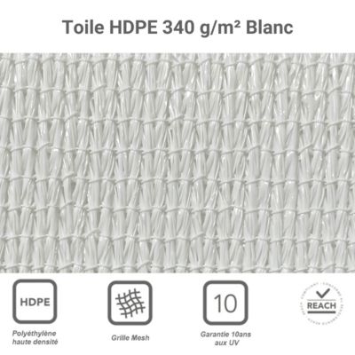 Voile d'ombrage rectangulaire 4 x 6 m - Tissu HDPE ajouré 340 g/m² coloris Blanc