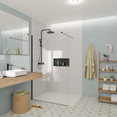 Walk-in 120x200cm Paroi en verre Crystal Glass 8 mm anticalcaire, avec bras et profilés noir mat (SATBWI120PRC)