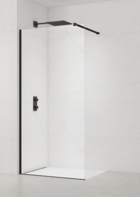 Walk-in 120x200cm Paroi en verre Crystal Glass 8 mm anticalcaire, avec bras et profilés noir mat (SATBWI120PRC)