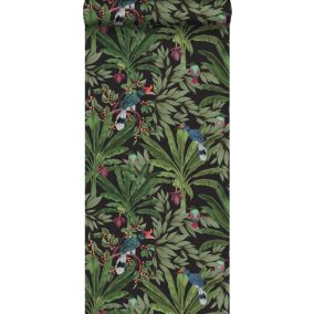 Walls4You papier peint feuilles de la jungle tropicale et oiseaux de paradis noir et vert - 0,53 x 10,05 m - 935332