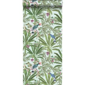 Walls4You papier peint feuilles de la jungle tropicale et oiseaux de paradis vert menthe et vert - 0,53 x 10,05 m - 935331