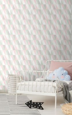 Walls4You papier peint triangles géométriques graphiques vert, rose et gris - 53 cm x 10,05 m - 935301