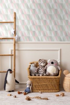 Walls4You papier peint triangles géométriques graphiques vert, rose et gris - 53 cm x 10,05 m - 935301