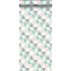 Walls4You papier peint triangles graphiques vert, gris et rose - 53 cm x 10,05 m - 935280