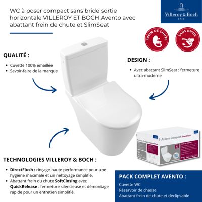 WC à poser compact sans bride sortie horizontale VILLEROY ET BOCH Avento avec abattant frein de chute et SlimSeat