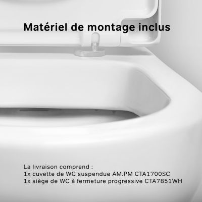 WC suspendu céramique sans bride cuvette WC suspendu sans bord FlashClean abattant amov. frein chute softclose blanc AM.PM Hit