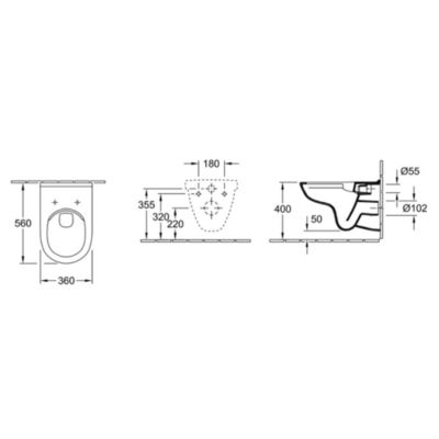 WC suspendu compact sans bride VILLEROY ET BOCH O.novo 36 x 56 avec abattant