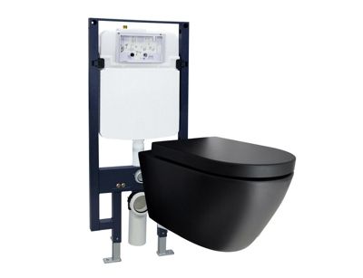 WC suspendu noir Toilettes bâti-support pack économique - B-8030 - plaque de déclenchement Modèle 4112 blanc mat