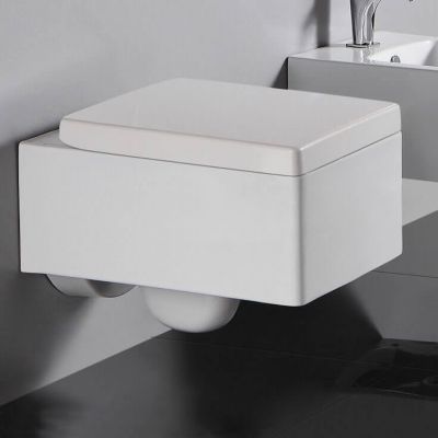 WC Suspendu Rectangle avec Abattant - Céramique Blanc - 52x39 cm -Kube