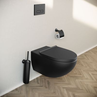WC suspendu sans bride avec abattant, Toilettes à fermeture ralentie - Noir mat - 36,5x57,5x32cm - DuraVento