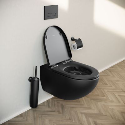WC suspendu sans bride avec abattant, Toilettes à fermeture ralentie - Noir mat - 36,5x57,5x32cm - DuraVento