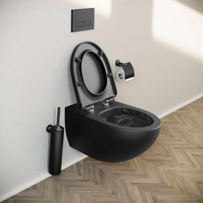 WC suspendu sans bride avec abattant, Toilettes à fermeture ralentie - Noir mat - 36,5x57,5x32cm - DuraVento