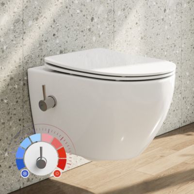 WC suspendu sans bride avec fonction bidet, céramique blanche brillante+Abattant Softclose+Eau chaude et froide HOROW