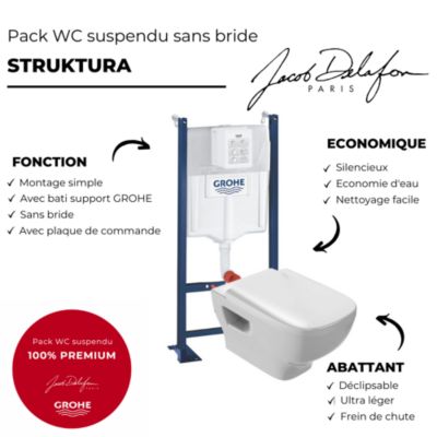 WC suspendu sans bride Jacob Delafon Struktura + abattant + Bâti support + Even Plaque de commande WC carré blanc