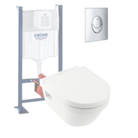 WC suspendu sans bride VILLEROY ET BOCH Architectura + abattant + bati support GROHE + plaque de commande chrome