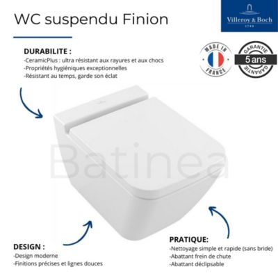 WC suspendu sans bride VILLEROY ET BOCH Finion avec abattant