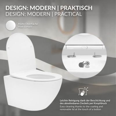 WC suspendu sans rebord long en céramique blanc mat avec siège de WC Softclose