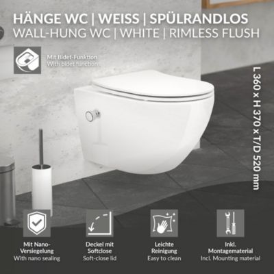 WC suspendu sans rebord nano revêtement fonction bidet long blanc céramique