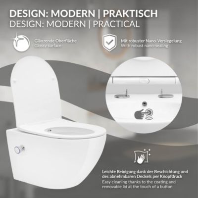 WC suspendu sans rebord nano revêtement fonction bidet long blanc céramique