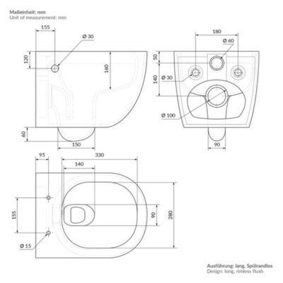 WC suspendu sans rebord nano revêtement fonction bidet long blanc céramique