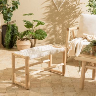 WILL - Banc en branches de teck naturel assise en macramé blanc