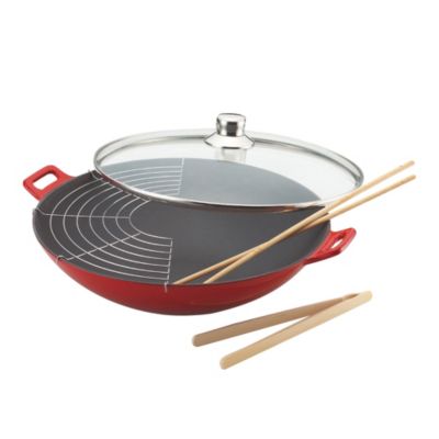 Wok fonte rouge 36 cm avec couvercle en verre
