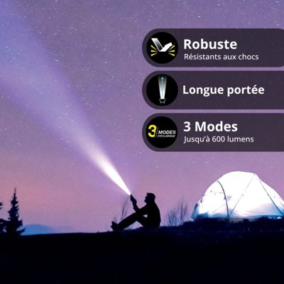Xanlite - Lampe Torche LED Métallique, x3 Modes d'Eclairage, 600 Lumens, Piles Incluses - TO600M