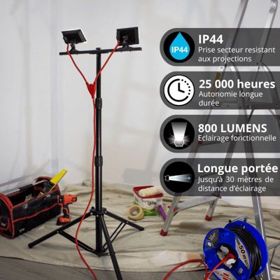 Xanlite - Projecteur de Chantier LED sur Pied, Filaire, x2 Projecteurs 20 W, 2800 Lumens - PR20W2T