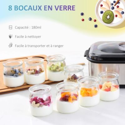Yaourtière 8 pots inclus 180ml 30W - timer, thermostat, affichage numérique - acier inox. PP noir verre