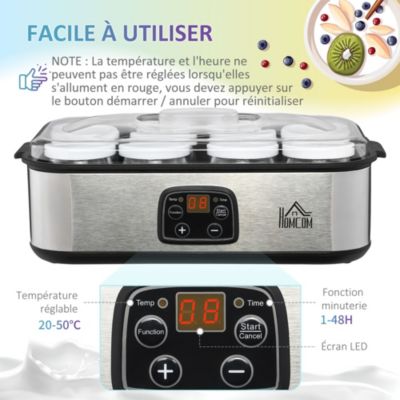 Yaourtière 8 pots inclus 180ml 30W - timer, thermostat, affichage numérique - acier inox. PP noir verre