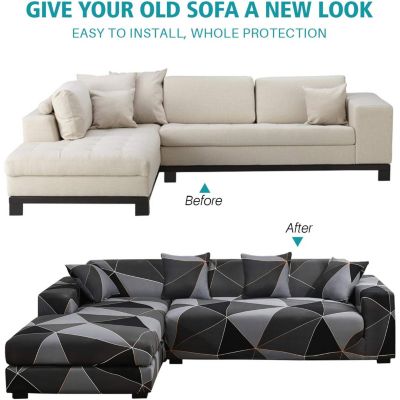 Yuanhao Housse pour canapé 3 places en L avec imprimé extensible 190-230cm, housse de coussin 6 pièces du même style 45x45cm, gris