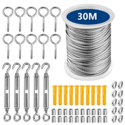 Yuanhao Kit de fixation d'auvent - Kit de matériel de voile d'ombrage avec câble métallique de 30 m - Kit de fixation de voile d'o