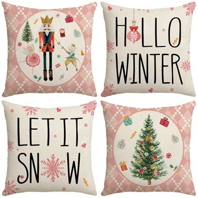 Yuanhao Lot de 4 Housses de Coussin de Noël 45x45cm Sapin de Noël Rose Squ