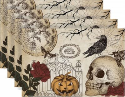 Yuanhao Lot de 4 sets de table gothiques pour Halloween (30 x 45 cm), décorations d'Halloween avec roses et crânes du Jour des mor