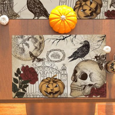 Yuanhao Lot de 4 sets de table gothiques pour Halloween (30 x 45 cm), décorations d'Halloween avec roses et crânes du Jour des mor