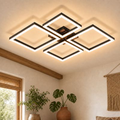 ZMH Plafonnier LED  32W 3000 K Plafonnier noir moderne Plafonnier bois pour cuisine