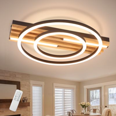 ZMH Plafonnier LED Pour Salon 34w 38cm Plafonnier 2 Anneaux Bois Avce  Fonction Mémoire Télécommande