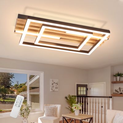 ZMH Plafonnier LED Pour Salon 34w 38cm Plafonnier En Bois Moderne Avce  Fonction Mémoire Télécommande
