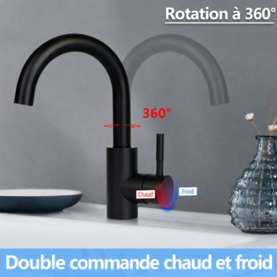 ZMH Robinetterie de lavabo rotatif en acier inoxydable noir avec mitigeur monocommande